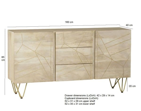 Brecon Light Mango Wood Centre Drawer Sideboard | Extra large two door and three centre drawer sideboard with metal inlay detail and hairpin legs.